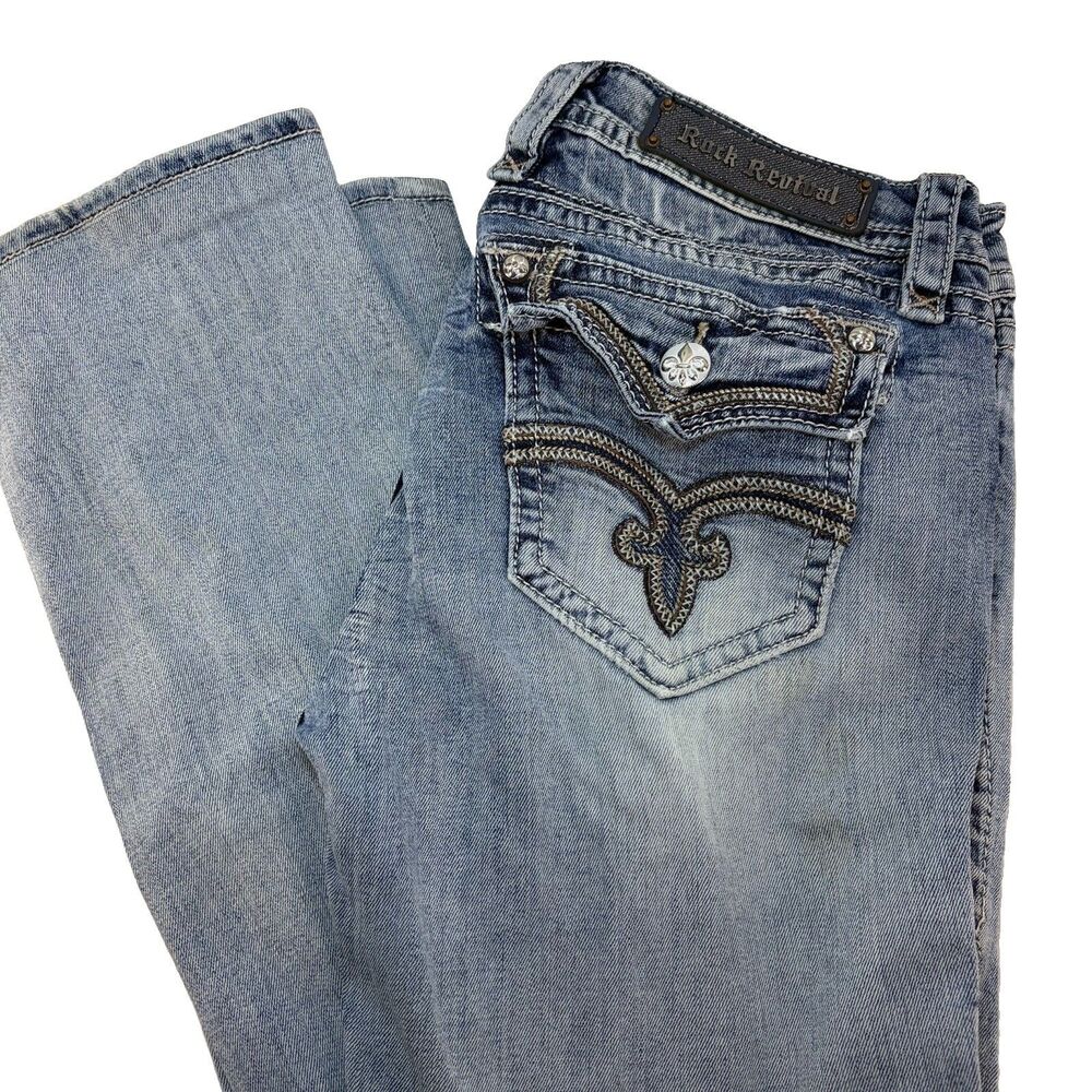 Rock Revival ESSIE Bootcut JEANS Womens Size 31 (33x32) Embroidered Light Wash